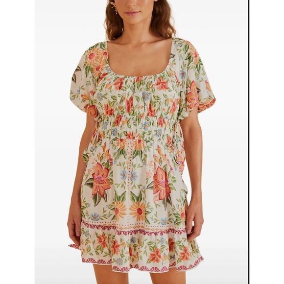 FARM Rio Dresses & Skirts - Farm Rio Bloom Garden Mini Dress S Off-White Floral Smocked Puff Sleeve NWT